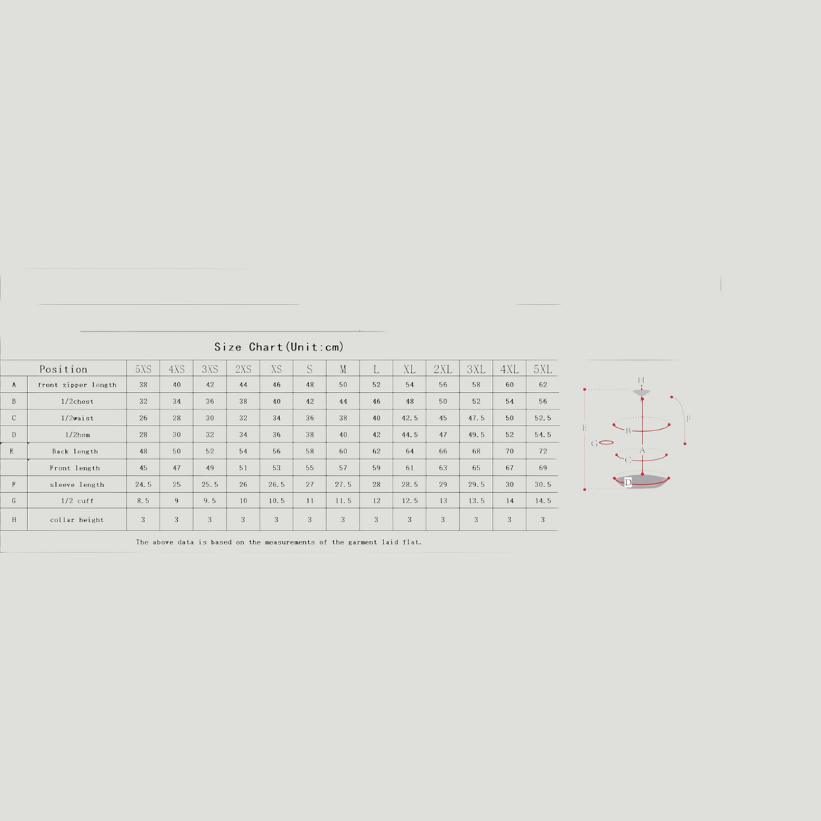Underdogs jersey size chart showing flat garment measurements in centimetres