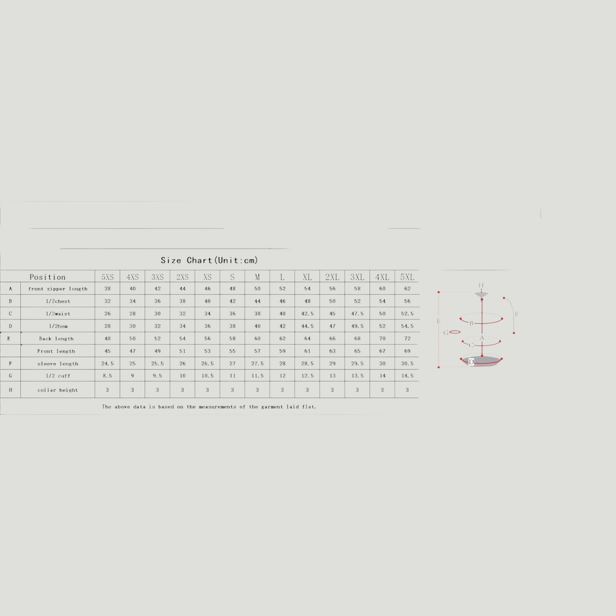 Underdogs jersey size chart showing flat garment measurements in centimetres