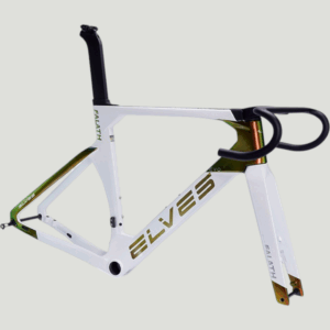 A white and gold Elves Falath Evo+ Road Bike frame with integrated handlebars and an aerodynamic design, shown against a light gray background. The frame features bold ELVES FALATH branding and striking green gradient accents.