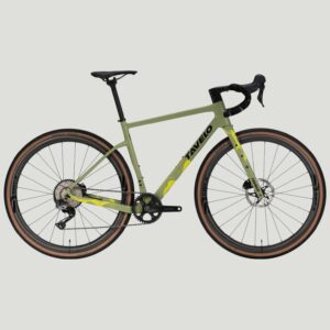 Tavelo Wild GXR Complete Bike in green with yellow detailing, Shimano GRX build, carbon frame, and wide gravel tires.
