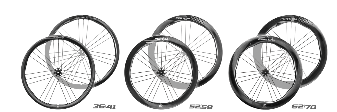 PERTUAL SHARP carbon road wheelset line-up: 36/41, 52/58, 62/70
